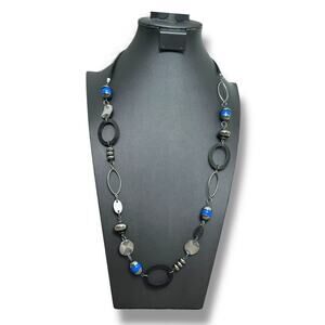 NWOT Black Blue Silver Pullover Statement Necklace Mixed Media Shapes Corpcore